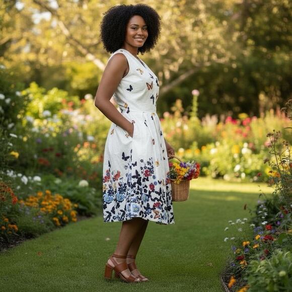 Bella Poque Dress 2XL Butterfly Floral Pockets A-line Cottagecore Rockabilly VTG - Picture 14 of 14
